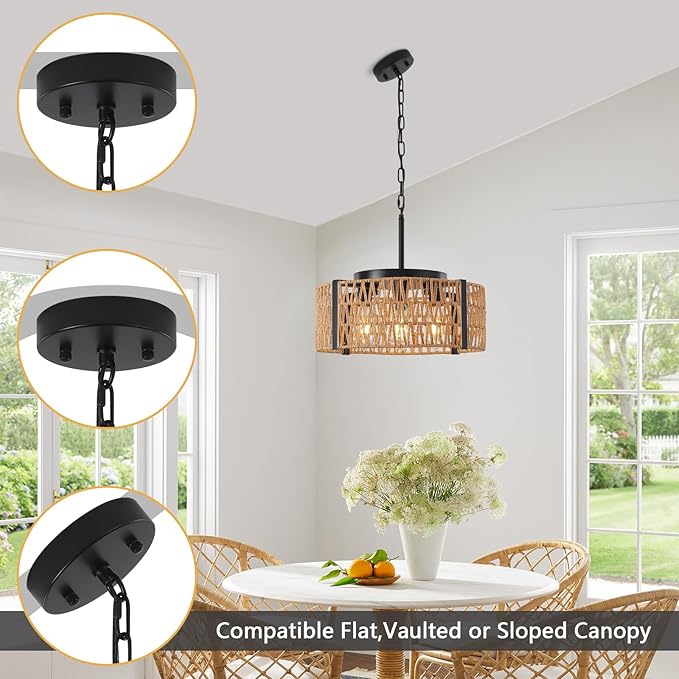 Boho Rattan Chandelier,4-Light 17.7”Chandeliers for Dining Room Hand Woven Rattan Light Fixture Farmhouse Chandeliers for Kitchen Island Bedroom, Living Room, Foyer (E26 Bulbs Not Included