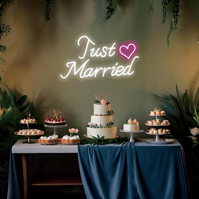 Just Married Neon Sign for Wedding Decor, Just Married Sign Wedding Ceremony Backdrop Decorations Gift for Reception, 16.5 x 9.4 inch