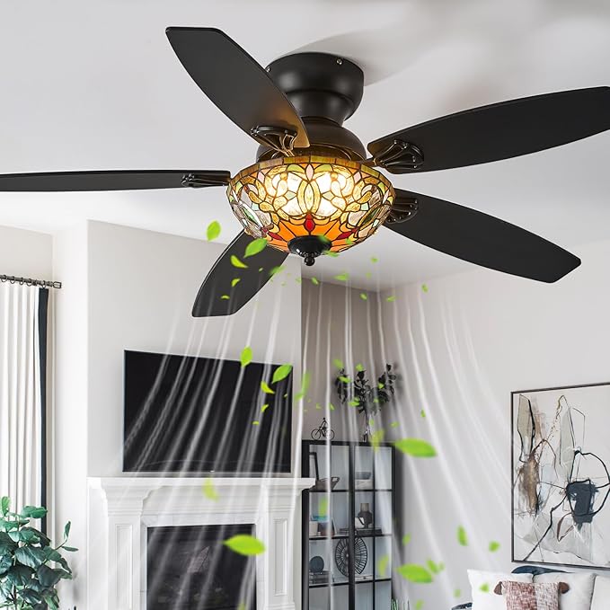 Tiffany Ceiling Fans with Lights-48"Ceiling Fan Chandelier and Glass Shade | 48" Ceiling Fan Chandelier with 5 Dual-Blades and Glass Shade, 6 Speeds and Reversible, Indoor and Outdoor, Retro Style