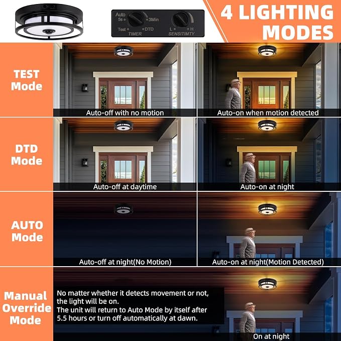 LED Motion Sensor Outdoor Ceiling Light Flush Mount Porch Ceiling Light | 12 Inch Black Ceiling Light Fixtures, Dusk to Dawn Outdoor Light Waterproof, 3CCT 3000K/4000K/5000K for Porch Garage Patio