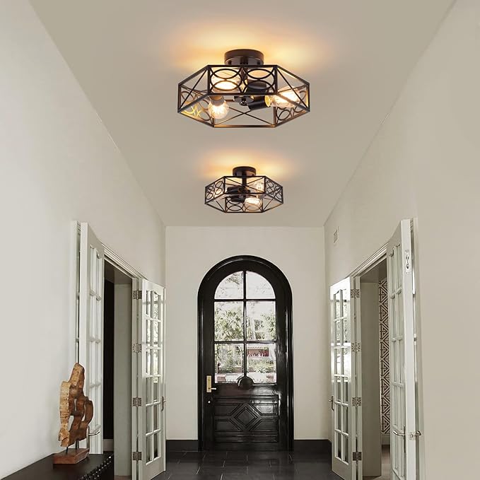 Modern Black Semi Flush Mount Ceiling Light Fixture, Industrial Close to Ceiling Light with Metal Hexagon Cage, Vintage Farmhouse 3-Light Ceiling Lamp for Kitchen, Hallway, Bathroom
