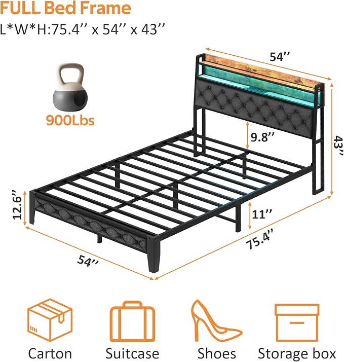 Winkalon Full Bed Frame with Ergonomic Headboard, Platform Bed Frame with RGB Lights, Outlets & Charger, Fast Assembly Bed Full Size, Modern Wood Upholstered Headboard,Gray