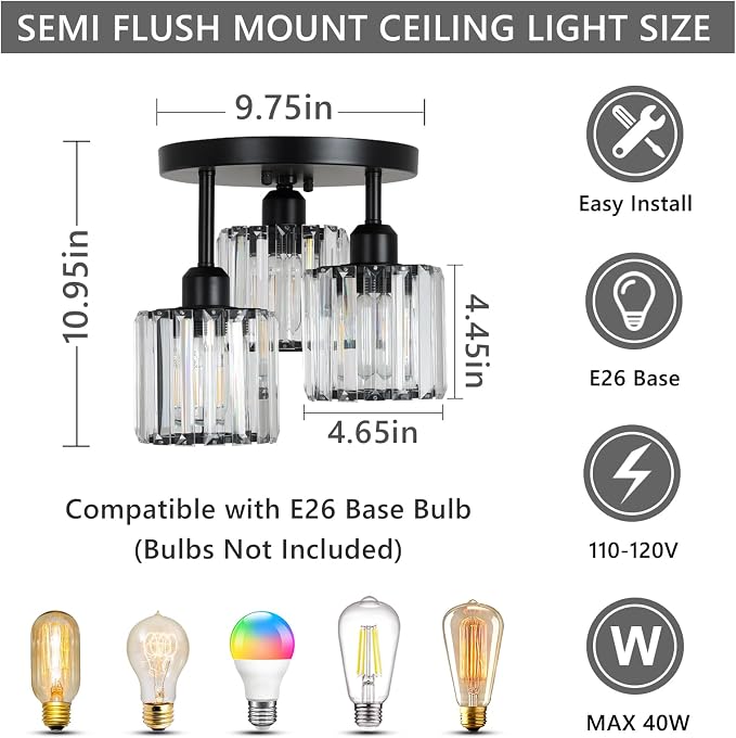 PAUFUL Crystal Semi Flush Mount Ceiling Light,3-Light Modern Close to Ceiling Light Fixtures,Black Kitchen Light Fixtures with Clear Crystal Shade,Hallway Light Fixtures for Hallway Bedroom Bathroom