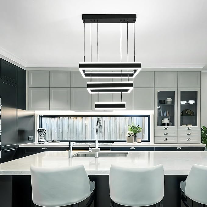 O'NEELDY LED Pendant Light Fixture, 20.47'' Modern Chandelier Square Rings Adjustable Height Black Pendant Lighting 3 Lights Kitchen Island Chandeliers for Dining Room, 6000K