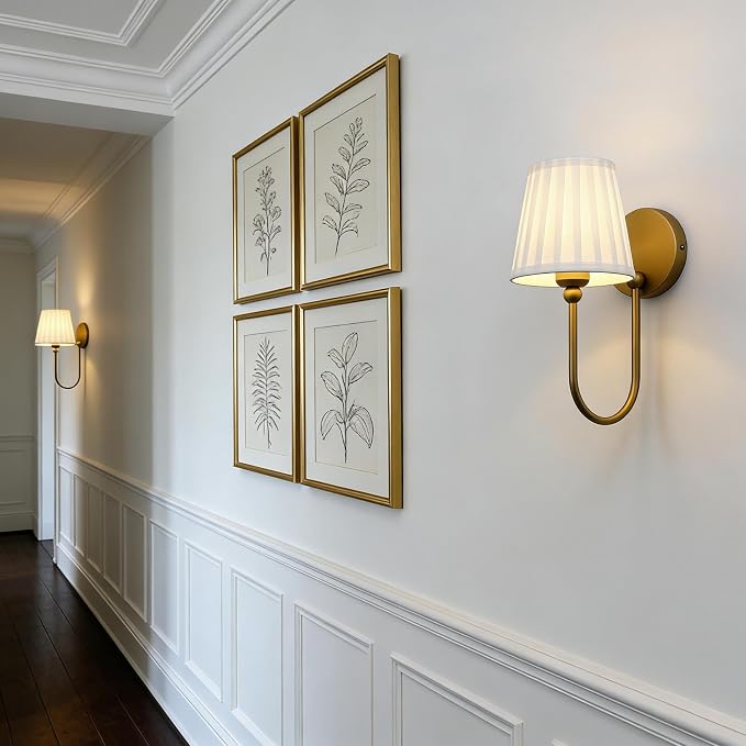 Hardwired Set of 2 Wall Sconces White Pleated Fabric Shade, Vintage Curved Arm Bathroom Vanity Lights, Indoor Wall Decor Lamp for Living Room, Bedroom, Foyer