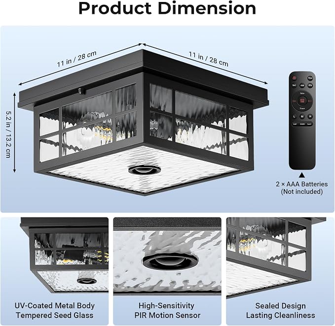 VIANIS Motion Sensor Exterior Ceiling Lighting Fixtures for Porch with Remote, 11'' Square Black Modern Outdoor Flush Mount Ceiling Light for House, 5 Modes Adjustable Distance Time Water Ripple Glass