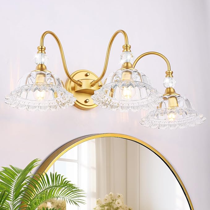 Modern Bathroom Vanity Light Fixtures 3 Lights Brushed Gold Vanity Lights for Bathroom with Floral Crystal Glass Shade Modern Wall Lighting Fixtures Over Mirror(Exclude E26 Bulb)