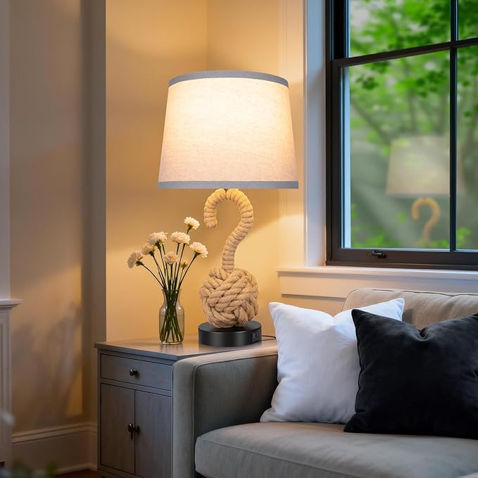 22" Rope Lamp Set of 2, Boho Table lamps for Night Stands, 3-Color Temperatures Rattan Lamp with Rotary Switch USB Ports, Boho Lamps for Bedrooms, Farmhouse Lamps for Living Room, 2 Bulbs Included