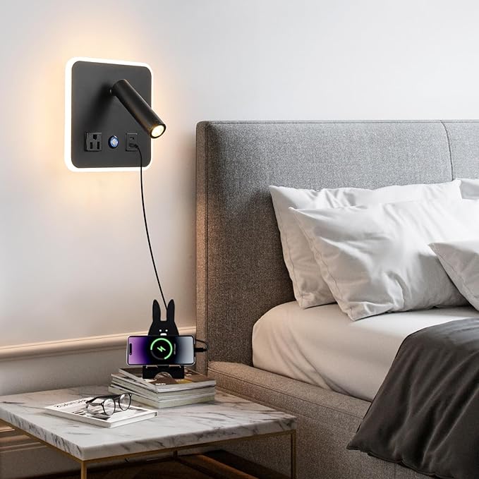 LED Wall Lamp Dimming Wall Mounted Reading Lights, Adjustable Headboard Plug in Wall Sconce with USB+USB C Ports, Headboard Bedside Lamp with 6W+3W Night Light 3000K (Black)