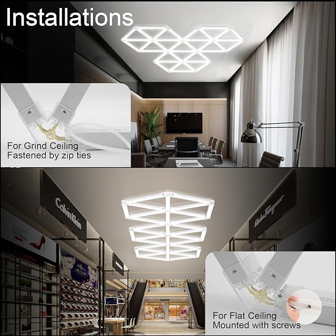 Hexagon Garage Light 18 Triangle, 252W 30240LM, 6500K Super Bright Honeycomb Hexagonal LED Ceiling Light for Garage, Workshop, Basement, Gym, Car Detailing Shop