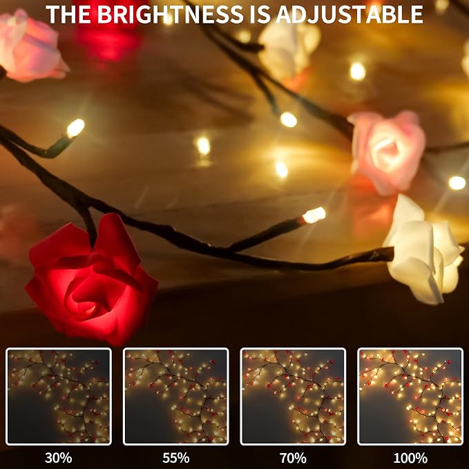 7.55FT 144LED Rose Blossom Enchanted Willow Vine Lights with Battery Box | 3 Color Rose Blossom Tree Branch Lights for Wall, Remote Timer,8 Light Model,Bedroom Wall Doors Wedding, Christmas