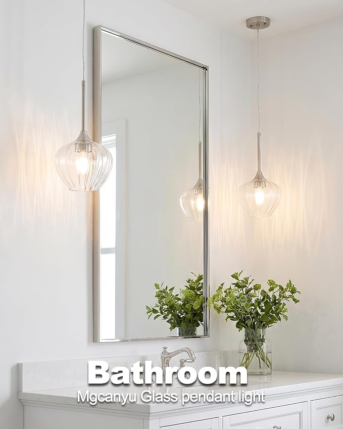 2-Pack Glass Pendant Lights Kitchen Island, 7.7" Modern Brushed Nickel Pendant Lighting Small Hanging Light Fixtures for Kitchen, Dining Room, Bathroom, Bedroom