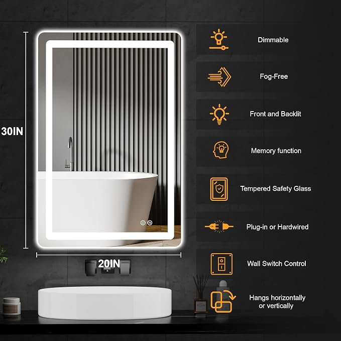 LED Bathroom Vanity Mirror with Lights, 20"x30" Lighted Wall Mirror | Front and Backlit, Anti Fog, Dimmable 3 Color Lighting, Memory Function, Shatterproof Glass, Plug in or Hardwired