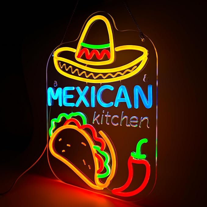 Mexican Taco Bar Neon Sign - LED Restaurant Decor for Mexican Kitchen, Taco Party Decorations, 16.5x12" USB Wall Light - Mexican Food Gifts for Restaurants & Homes