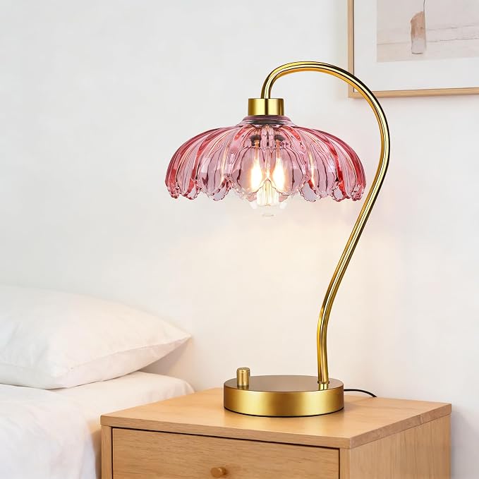 ILLMTW Pink Table Lamp Set of 2,Small Gold Bedside Lamps Dimmable Flower Bedroom Lamp with Glass Lamp Shade,Boho Vintage Mid Century Modern Mini Nightstand Lamp for Bedroom Living Room