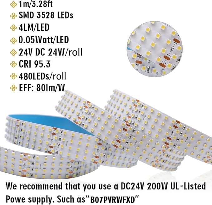 Brightest Quad Row Flexible LED Strip Lights - DC24V 3528SMD 146LEDs/Ft CRI 95 1,170Lumens/ft- Super Bright LED Tape Lights for Photography Studios, High-Speed Video Capture