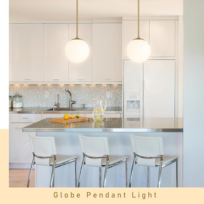 8" Globe Pendant Light Gold 2 Pack Mid Century Pendant Light Globe Pendant Lights Kitchen Island Brushed Brass Finished with Milk Glass Adjustable Ceiling Light Fixtures for Dining Room Bar