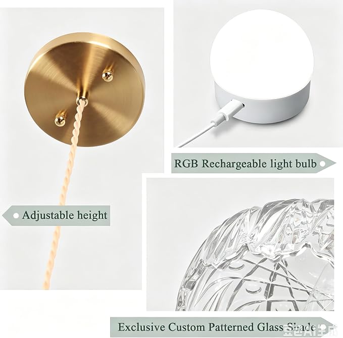 Battery Operated Pendant Light,Vintage Light Fixtures RGB Light Bulb 2500mAh 9.4in Transparent Modern Chandelier with Remote Control Wireless Adjustable Rechargeable Chandelier for Kitchen Island 1PCS