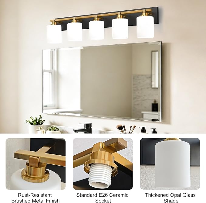 Black and Gold Bathroom Light Fixture, Modern 5 Light Vanity Lights for Bathroom Lighting Fixtures Over Mirror, White Glass Lampshade, Master & Guest bathrooms Bathroom Remodel, 35.4-inch