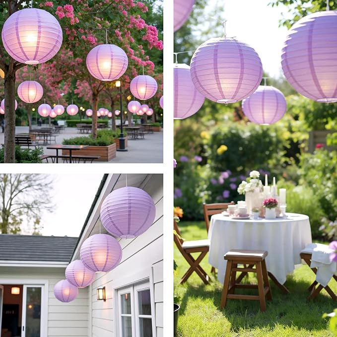 Light Purple Chinese Paper Lanterns with LED Lights, 10-Pack 12in | Hanging Lights for Easter, Graduation, Birthday Decorations, Ceiling Decor, Home Party & Tea Party