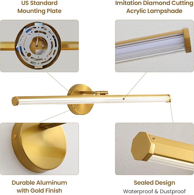 KAISITE Bathroom Lighting Fixture Over Mirror - 30 Inch Gold Vanity Light 24W 5CCT Dimmable Modern LED Vanity Light Fixture Rotatable Bath Vanity Light Bar for Bathroom