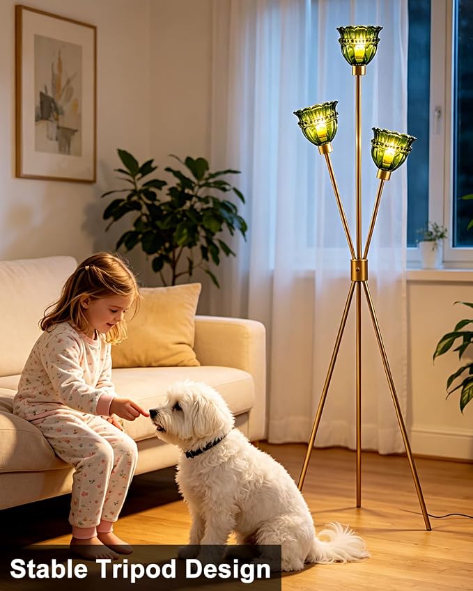 3-Light Tripod Glass Floor Lamp, Gold Standing Lamp with Green Tulip Lace Glass Shade, Rotary Dimmable LED Floor Lamp for Living Room Bedroom Home Office Sofa Beside Corner Decor, Bulb Included