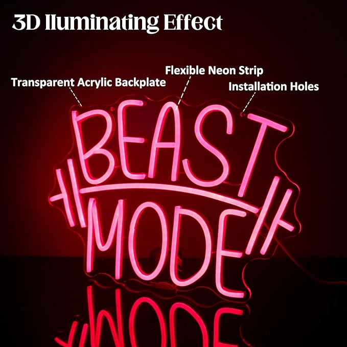Beast Mode Neon Signs for Wall Decor Red Letter LED Neon Light Gym Neon Sign Barbell LED Neon Lights Signs Dumbbell Neon Wall Sign for Bedroom Gym Sports Room Fitness Club Decor