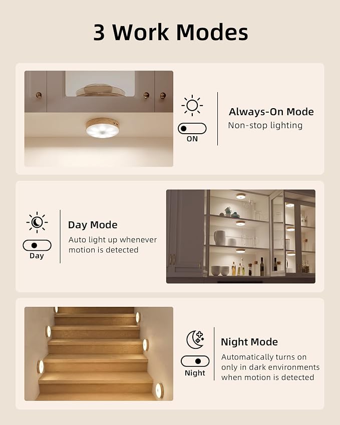 EZVALO Under Cabinet Lighting, 1000mAh Rechargeable Puck Lights with Remote, 3 Color Temps & 12 RGB Motion Sensor Closet Lights Indoor, Dimmable Under Counter Lights for Kitchen (Wood Grain, 6 Packs)