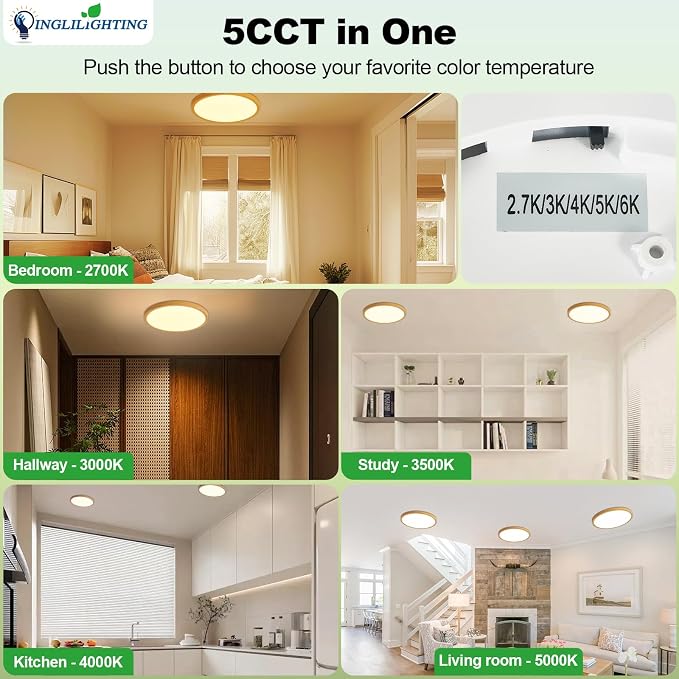 LED Flush Mount Ceiling Light: 12 inch 1Pack Super Slim Dimmable & 5CCT (2700-6500K) Kitchen Lighting Fixtures Ceiling - 24W Wooden Low Profile Ceiling Lamp for Bedroom Garage Hallway