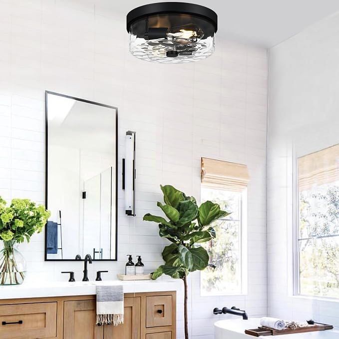 szzgco Flush Mount Ceiling Light Fixtures, 2-Light Black Ceiling Mount for Farmhouse with Water Ripple Glass Lampshade, Industrial Flush Mount Light Fixture for Hallway, Kitchen, Entryway and Foyer
