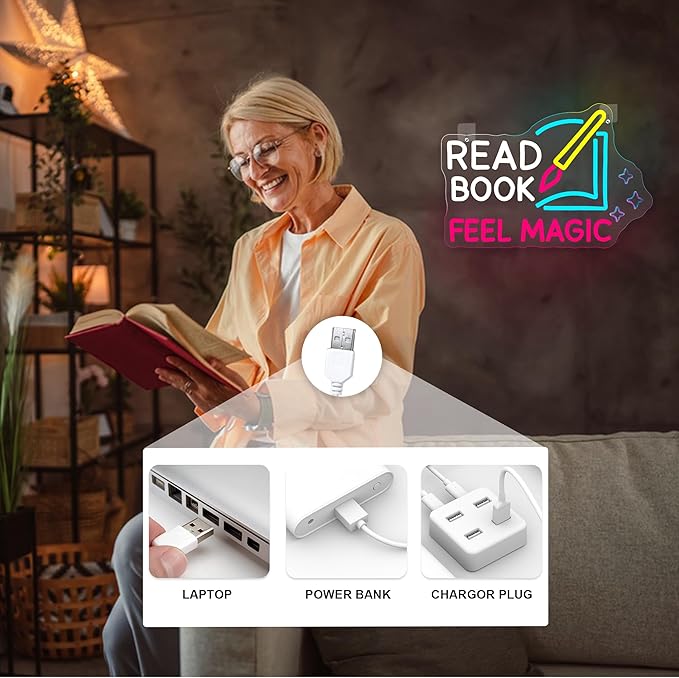 Read Book Feel Magic Neon Sign Led Pink Neon Signs for Wall Decor Colorful Neon Lights Dimmable Signs USB Light Up Sign Neon for Motivational Kids Gift Library Classroom Reading Room Bookstore Bookish Decoration