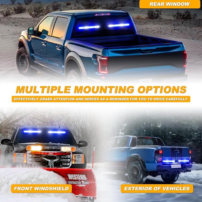 2x17.7 Emergency Dash Lights Interior Windshield Strobe Volunteer Firefighter Lights Warning Hazard Safety Front/Rear Deck Split Mount for Vehicles Trucks Firefighter, Blue/White