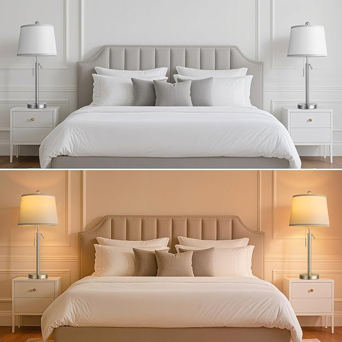 Bedside Table Lamps Set of 2, Tall Silver Table Lamps for Living Room, Height Adjustable Nightstand Lamps for Bedroom, Modern Lamps with Pull Chain for End Table Office(Bulbs Included), Sand Nickel