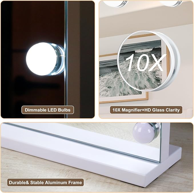 Moonee Vanity Mirror with Lights, Bluetooth Hollywood Lighted Makeup Mirror with 15 Dimmable Bulbs and 10X Magnification, 3 Colors Modes, Light Up Mirror, Gifts for Women, Girls（23" x 18"）