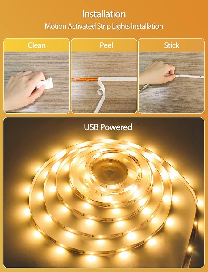 Daymeet Motion Sensor LED Strip Lights, 9.8ft Under Bed Lights Motion Activated LED Bedside Lamp Illumination with Automatic Shut Off Timer Indoor Night Light Closet Lights (Warm White) NO APP