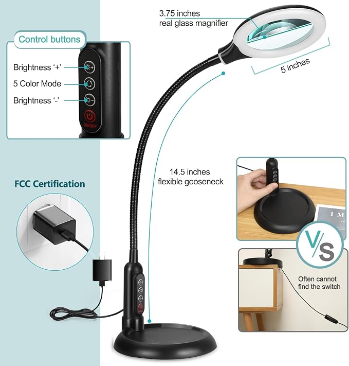 12X Magnifying Glass with Light and Clamp, 5 Color Modes Stepless Dimmable Lighted Magnifier with Stand, Flexible Gooseneck LED Desk Lamp Hands Free for Craft Reading Painting Hobby Close Work