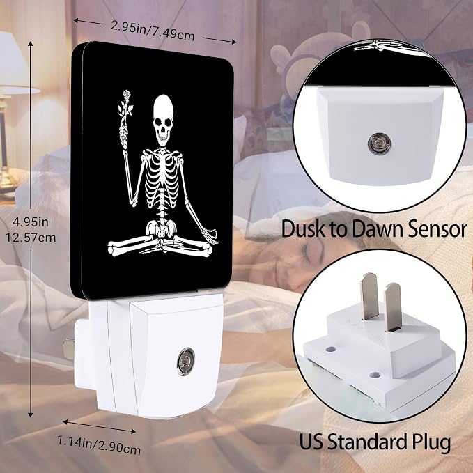 Skeleton Holding Flower Night Light, Dusk to Dawn Smart Sensor Nightlight for Bedroom Bathroom Kitchen Hallway Stairs Hallway, Plug-in, Energy Efficient Decor Desk Lamp Gifts