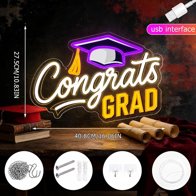 Congrats Grad Neon Sign Dimmable LED Graduation Party Wall Decor | Congrats LED Neon Light with Graduation Cap for Classroom, Dorm, Prom Backdrop, Graduation Party Decorations & Gifts