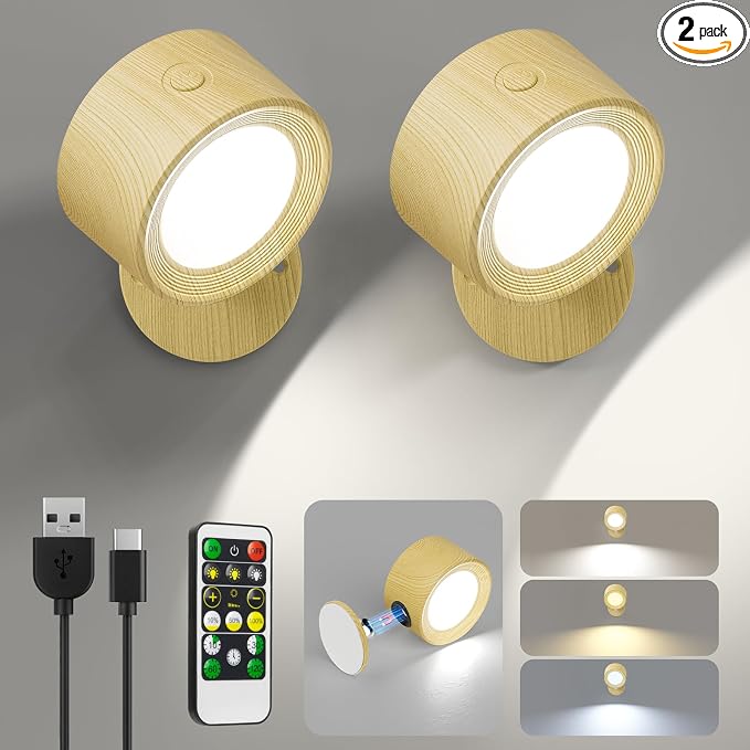 Racokky LED Wall Mounted Lights 2 Pcs with Remote, Wall Sconces Lamp 3000mAh Rechargeable Battery Operated, 3 Color Temperatures & Dimmable Magnetic 360° Rotation Cordless Light for Bedroom Reading