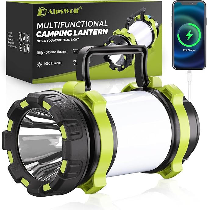Camping Lantern, Rechargeable Flashlight & Emergency Light | 1000LM 6 Modes Battery Powered Lantern, 4000mAh Portable Camp Light for Outdoor Hiking, Hurricanes and Power Outages