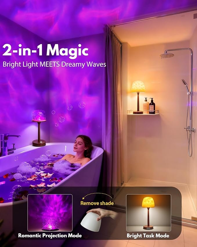 Shower Lamp - Waterproof Bathroom Lamp with 16 Color Ocean Wave Projector, Cordless Light for Inside Shower/Bathtub Bedroom Living Room Kitchen Decor (Walnut Grain)