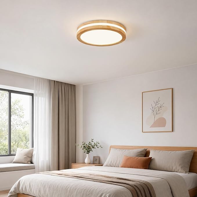Pevfah Modern Dimmable LED Wood Flush Mount Ceiling Light, 5CCT Round Close to Ceiling Lighting Fixtures, Minimalist Ceiling Lamp for Bedroom, Kitchen, Hallway, Laundry Room-11.81in
