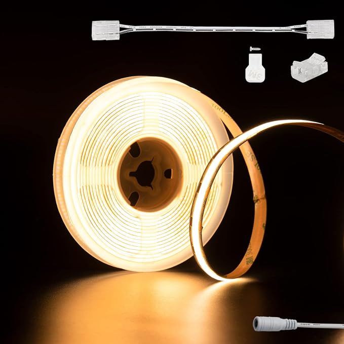 PAUTIX COB LED Strip Light 2700K DC12V,18ft/5.5m Warm White LED Tape Lights for Kitchen Home DIY Lighting Projects with 1pcs Connector Extension Wire(Power Supply Not Included)