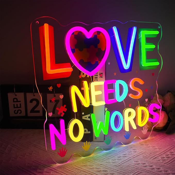 Autism Neon Sign Love Needs No Words Neon Sign for Wall Decor, Dimmable Autism Awareness LED Light Sign for Bedroom Office Classroom, Ideal Gifts for Autistic Children