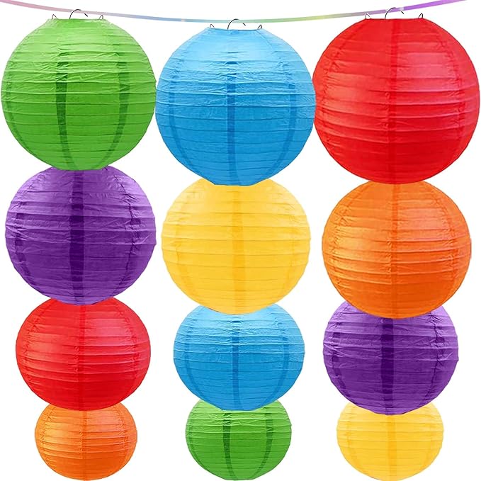 Rainbow Paper Lanterns 12Pcs Colourful Hanging Lanterns for Birthday Party, Wedding, Home Decor, Baby Shower Festive Decoration