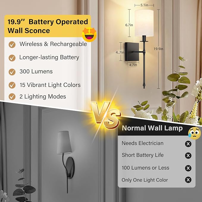 19 inch Battery Operated Wall Sconces Set of 2 with Remote, Rechargeable Wireless Wall Lights with Beige Fabric Shade, Indoor Not Hardwired Dimmable for Bedroom Living Room Decor