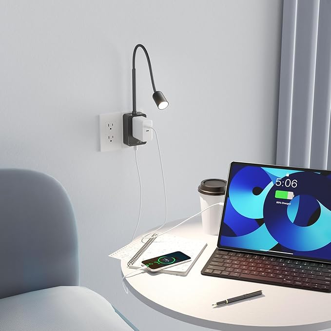 Plug in LED Wall Mounted Reading Light, Black Flexible Wall Sconce Spot Light with Power Plug Extension Outlet for Bedroom Kitchen, 3 Lighting Colors, with USB Output Charging Ports