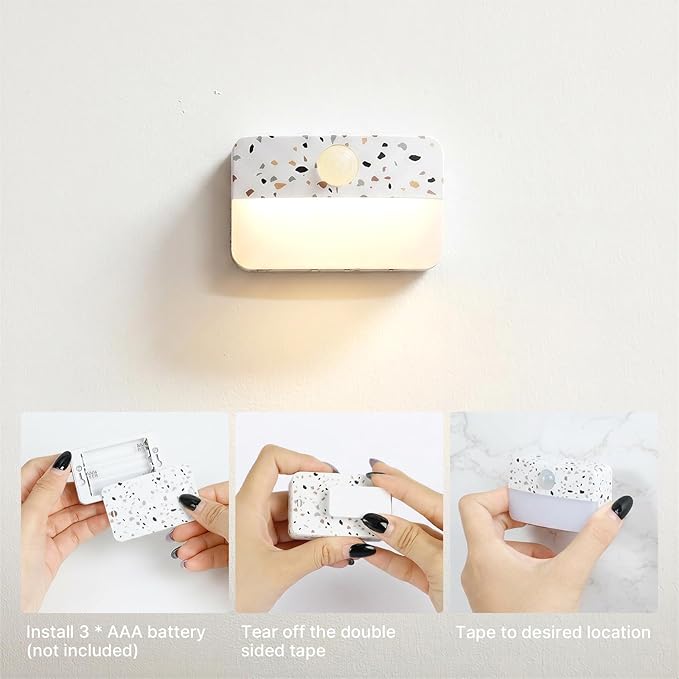 Guankai 16 Pack Motion Sensor Stair Light for Indoor, Battery Operated Closet Lights, Wireless Stick on Anywhere Hallway Lamp, Portable Led Night Lamps for Bedroom Under Cabinet Kitchen,Terrazzo White
