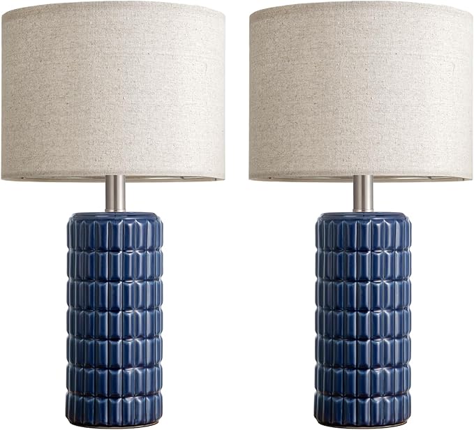 23" Modern Ceramic Table Lamps Set of 2 - Table Lamps for Living room, Farmhouse Bedside Night Stands Lamp for Bedroom, White Boho Nightstand Lamps Set of 2, Desk Lamp for End Table Home Decor(Blue)
