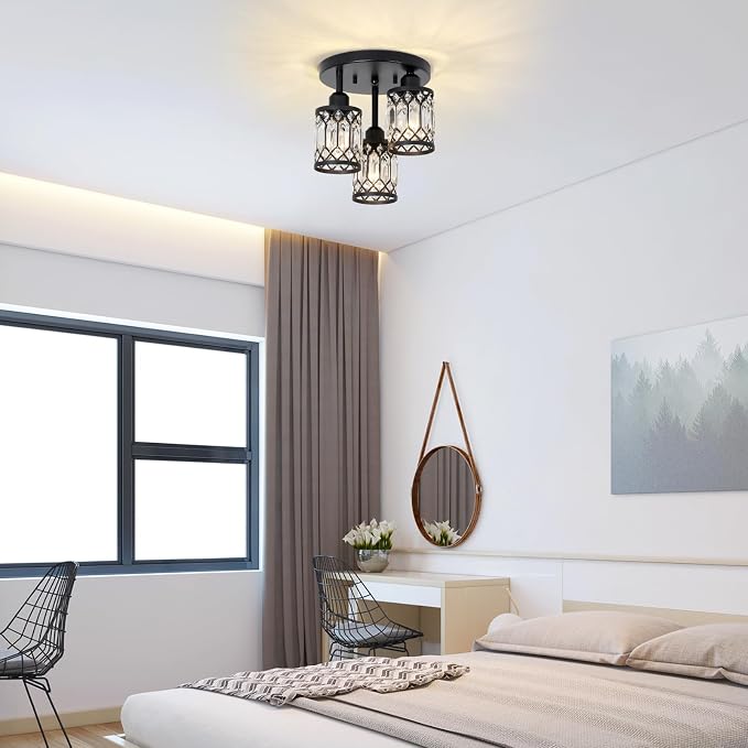 PAUFUL Semi Flush Mount Ceiling Light,3-Light Modern Crystal Close to Ceiling Light Fixtures, Black Kitchen Light Fixtures with Clear Crystal Shade,Hallway Light Fixtures for Hallway Bedroom Bathroom